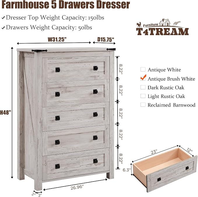 T4TREAM Farmhouse 5 Drawers Dresser Chests - Image 2