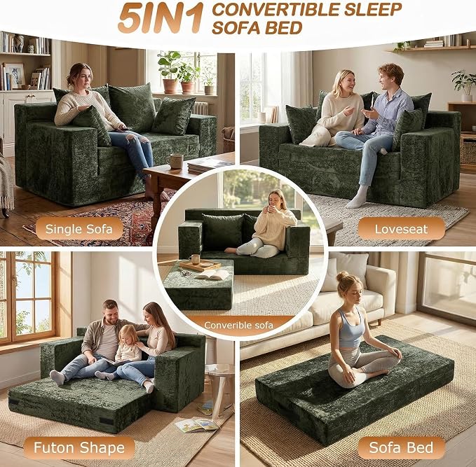 Loveseat Sofa Bed, Convertible Silky Velvet 5-in-1 Foldable Boneless Sleeper - Image 3