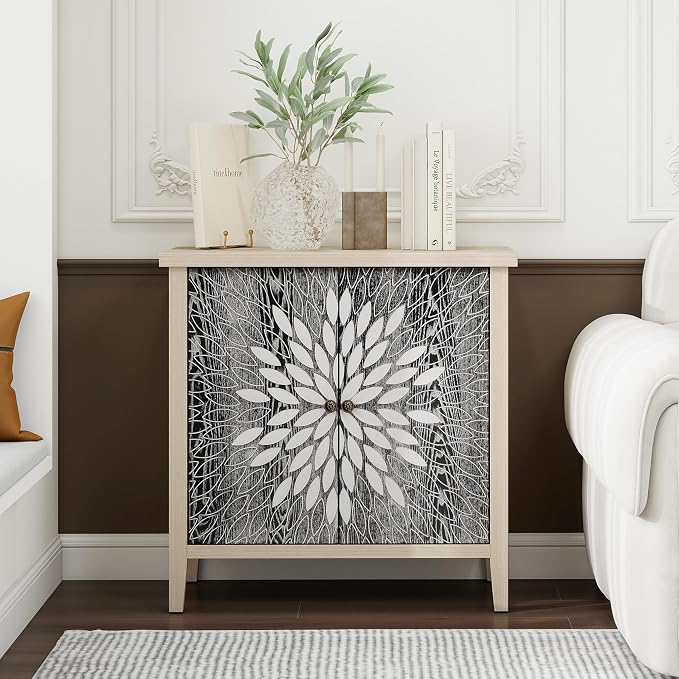 Black Accent Furniture, 32 Inch Wide 2-Door Carved Geometric Sideboard Buffet - Image 6