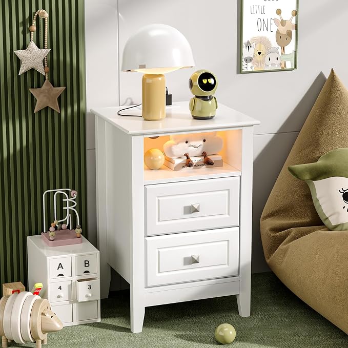 Bonnlo White Night Stand with Charging Station, Led Nightstand White Wood - Image 6
