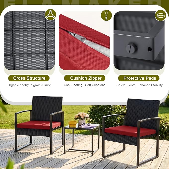 Flamaker 3 Pieces Wicker Patio Furniture Outdoor Modern Rattan Chair - Image 6