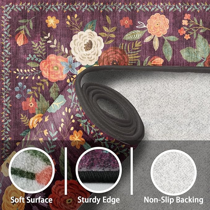 Floral Hallway Runner Carpet Non-Slip, 2x10 Washable Rug Ultra-Thin Soft - Image 3