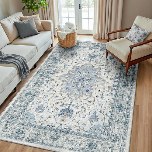 Area Rugs 5'x8' Washable Non-Slip, Floral Vintage Distress Print Pattern by RELEANY