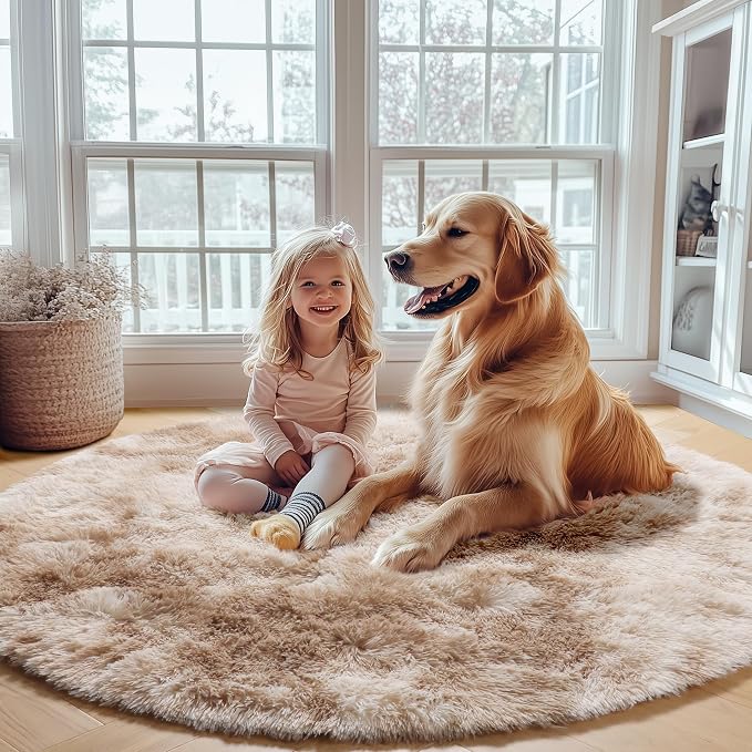 ONASAR Tie-Dye Beige Round Area Rugs 5ft, Soft Bedroom Circle Rug Floor Mats - Image 8