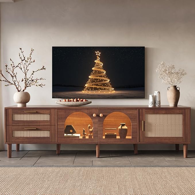 Merax Rattan TV Stand with LED Lights, Solid Wood Feet, Living Room, Bedroom by Merax