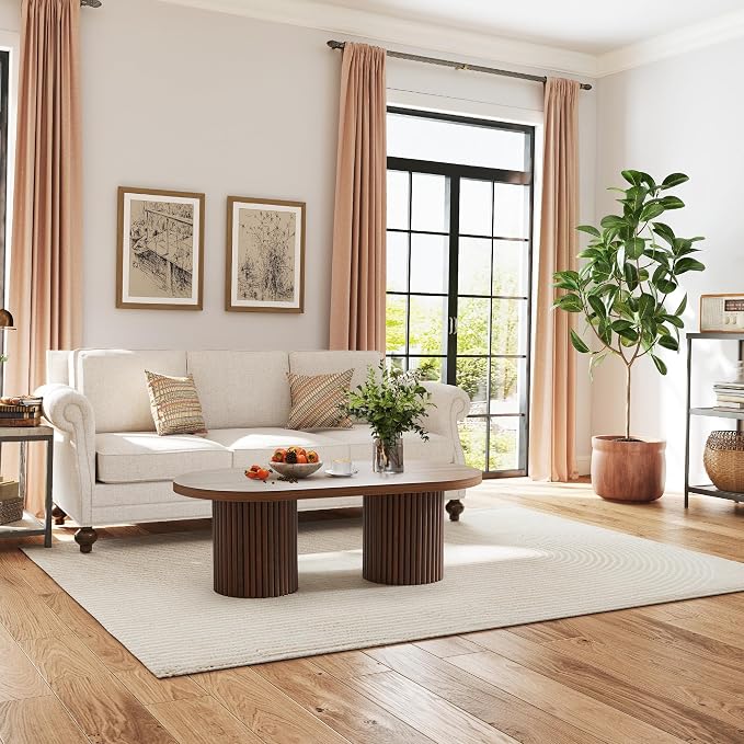 Oval Fluted Coffee Table, Farmhouse Wood Coffee Table Mid Century Modern Center - Image 3