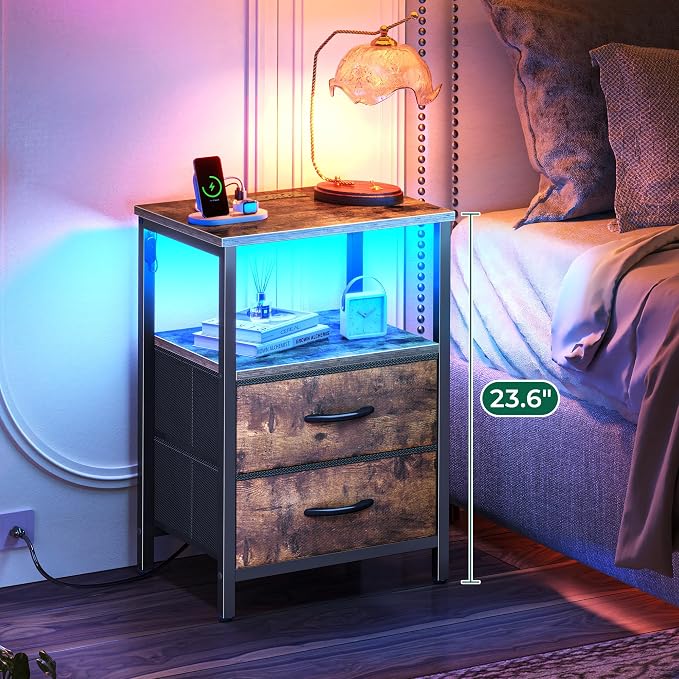 Huuger Night Stand with Charger Station and LED Lights, 2 Drawer Nightstand - Image 4