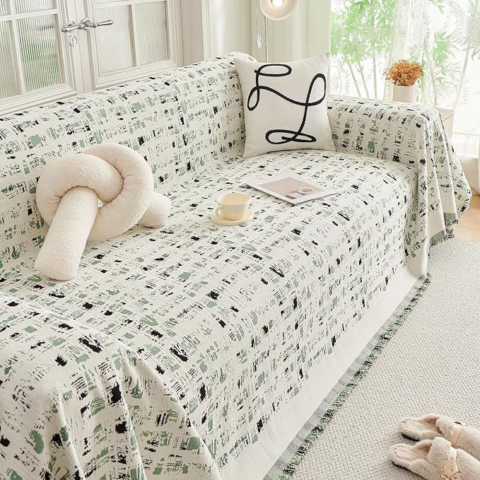 DREAMINGO Abstract Chenille Couch Cover Blanket Beige Green Black Boho Sofa - Image 7