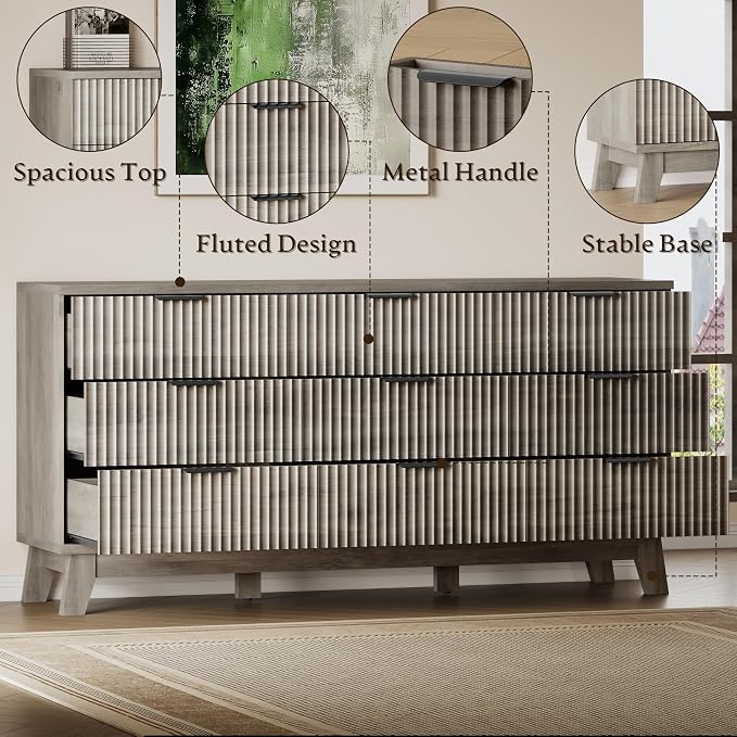 BORNOON 63" Long Dresser for Bedroom, 9-Drawer Fluted Dresser, Extra-Wide Wood - Image 5