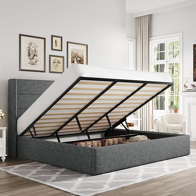 Allewie King Size Lift Up Storage Bed, Modern Wingback Headboard, Hydraulic by Allewie