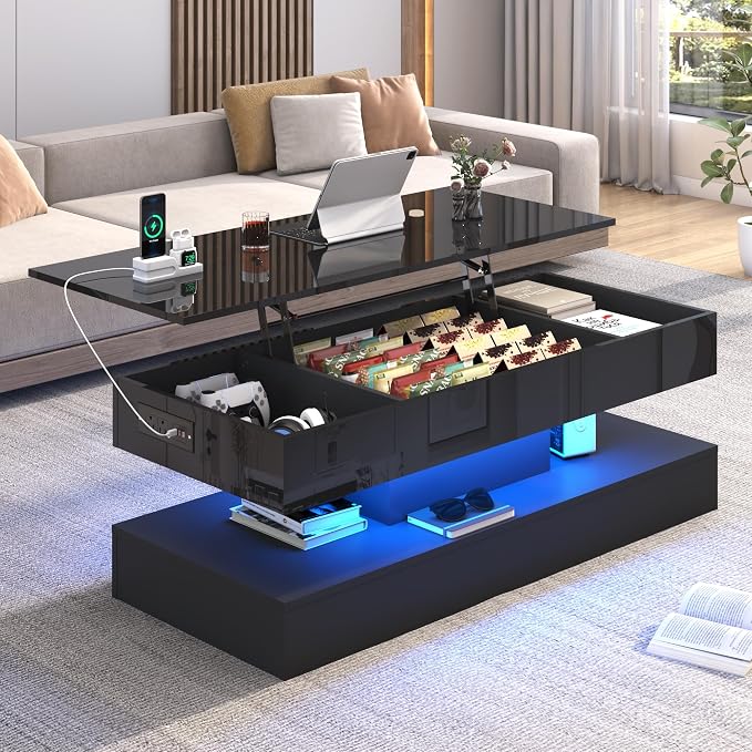 47.2" Large Lift Top Coffee Table, Modern High Glossy LED Coffee Tables - Image 7