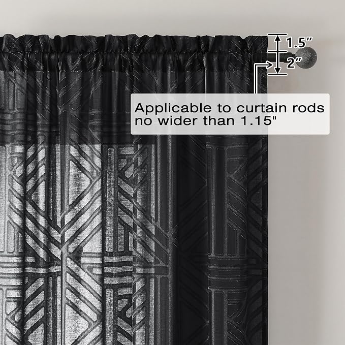 Simplebrand Black Semi Sheer Curtains 45 Inch Length 2 Panels, Geometric - Image 4