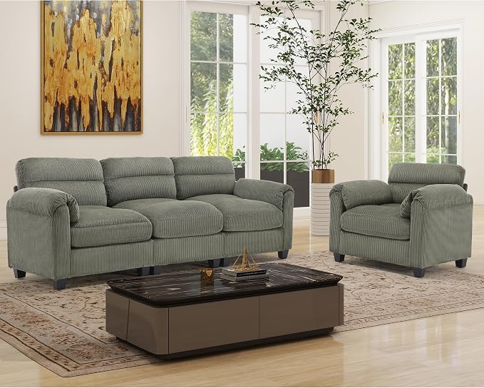 HAOMARKETS Corduroy Sofa Set, Upholstered Armchair and 3-Seater Couch by HAOMARKETS