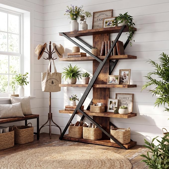 FUSUNBAO Industrial Bookshelf, Vintage 5-Tier Tall Bookcase - Image 6