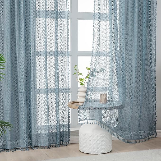 WAZZIO Boho Lace Curtains 63 Inches 2 Panel, Light Filtering Privacy Tassel & - Image 5