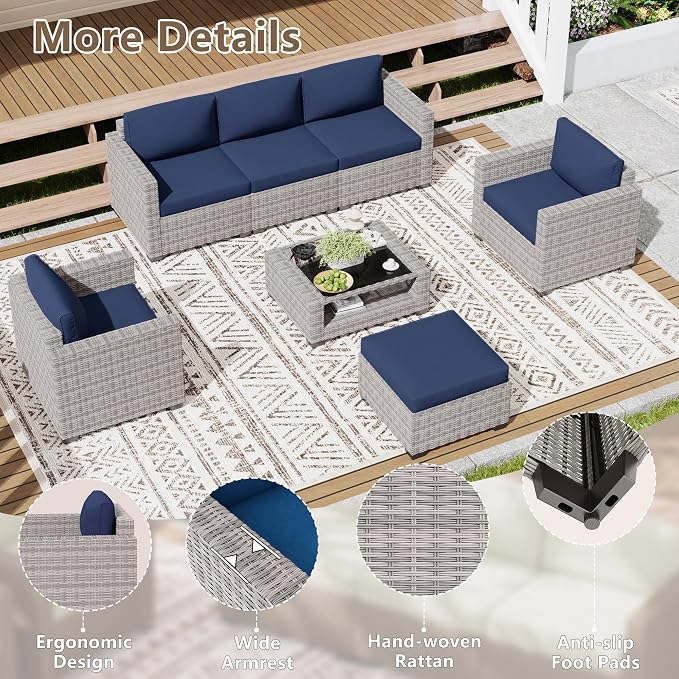 LOUVIXA 7 Piece Outdoor Patio Furniture Set, Rattan Chairs Glass Table Wicker - Image 5