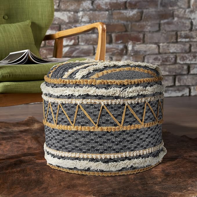 LR Home Black/Tan Coastal Striped Hand-Woven Cotton Ottoman Pouf - Image 4
