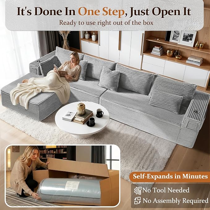 138" Oversized Cloud Sectional Couch, Comfort L Shaped Boneless Couch - Image 3