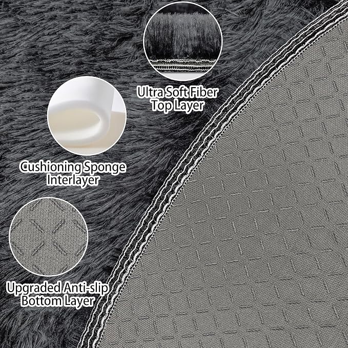 5x5 ft Tie Dye Black Round Rug for Bedroom Room Fluffy Circle Rug Furry Carpet - Image 4