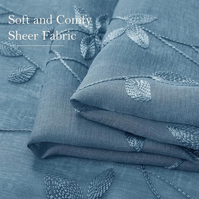 HOMEIDEAS Cyan Blue Sheer Curtains 52 X 63 Inches Length 2 Panels Embroidered - Image 4