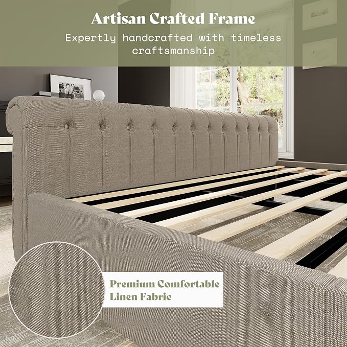 AMERLIFE King Size Platform Bed Frame, Linen Upholstered Sleigh Bed - Image 6