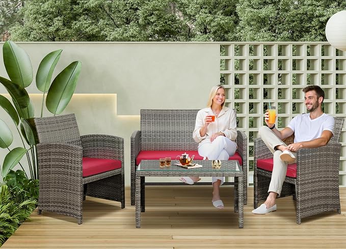 SUNLEI 4 Pcs Outdoor Patio Furniture Sets, Rattan Chair Wicker Conversation Set - Image 6