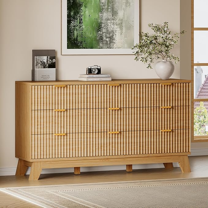BORNOON Fluted 9 Drawer Dresser, 57.1" Wide Modern Boho Chest of Drawers by BORNOON