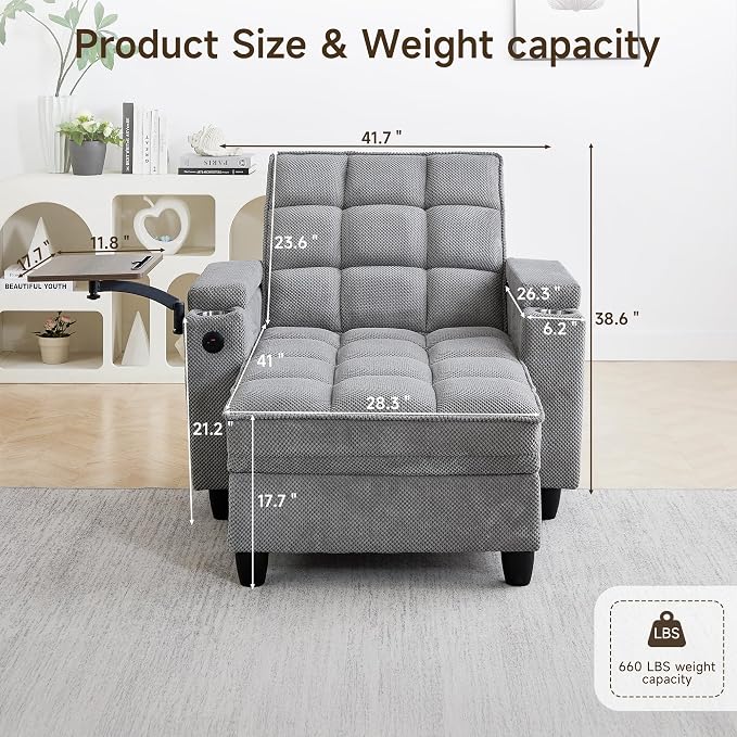 Oversized Recliner Chair with Swivel Tray Table, Modern Tufted Linen Fabric - Image 2