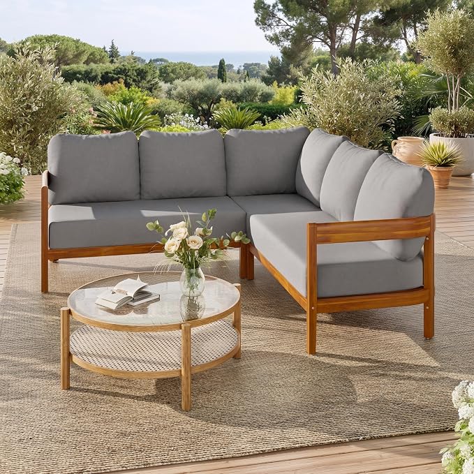 VilroCaz Outdoor Patio Furniture Set, L-Shaped Acacia Wood Sectional Sofa - Image 2