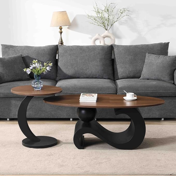 Modern Oval Coffee Table Set of 2, Wood Nesting Coffee Tables - Image 3