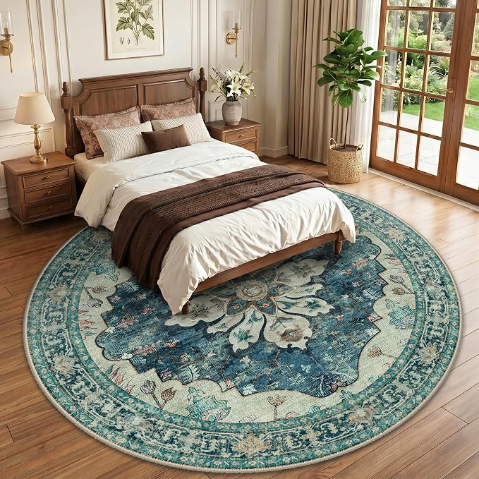 RELEANY Area Rugs Round 10ft Washable Non-Slip, Floral Vintage Distress Print - Image 2