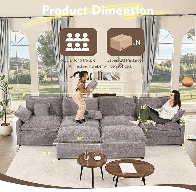 GOSUHI 142.5" U Shaped Couch, Modular Sectional Sofa, 3-Seater Comfy Cloud Couch - Image 2