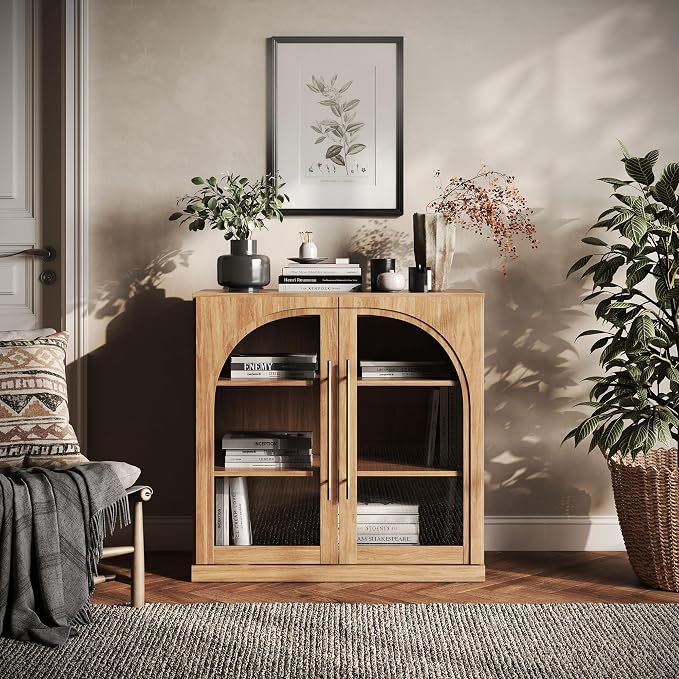 BELLEZE 3 Tier Bookshelf with Arched Glass Door, Modern Display Bookcase Shelf by BELLEZE