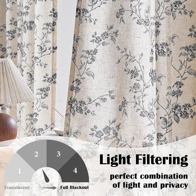 Lazzzy Black Floral Linen Curtains 90 Inch Farmhouse Back Tab Drapes - Image 2