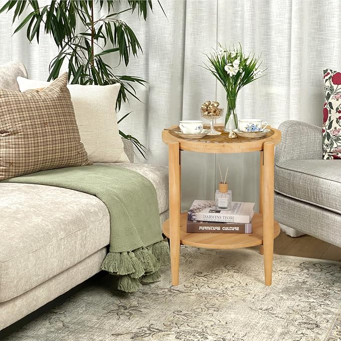RUSTOWN Rattan Nightstands Set of 2, Boho Wood Round Side Tables, 2-Tier - Image 2
