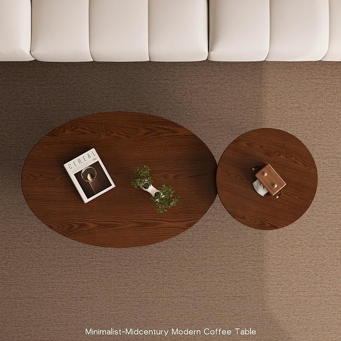 2 Pcs Small Oval Coffee Table, 31.5" Retro Walnut Coffee Tables Nesting Tables - Image 5