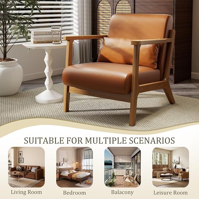 Accent Chair and Ottoman Set, Mid-Century Modern Faux Leather Armchair - Image 8