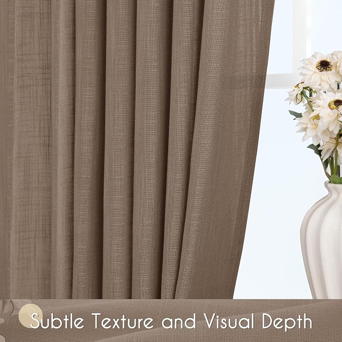 Chocolate Brown Linen Curtain 90 inch Length 2 Panels Set Back Tab Light - Image 3