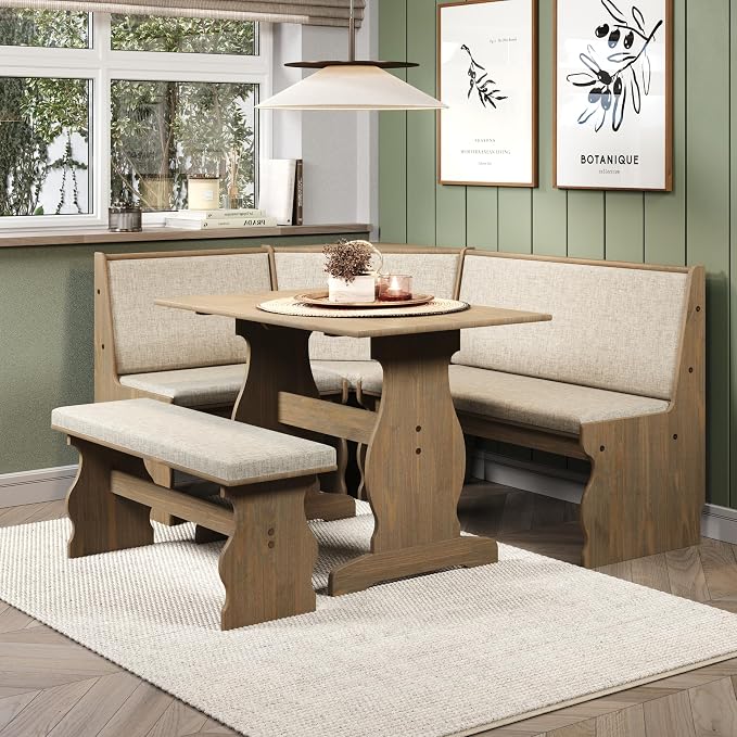 Linon Lucy Natural Wood and Linen Upholstered Corner Nook Kitchen Dining Set - Image 17