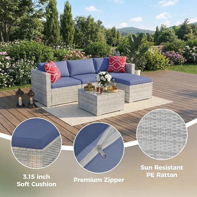 5-Piece L-Shaped Outdoor Patio Furniture Set, PE Wicker Sectional Sofa Set - Image 4