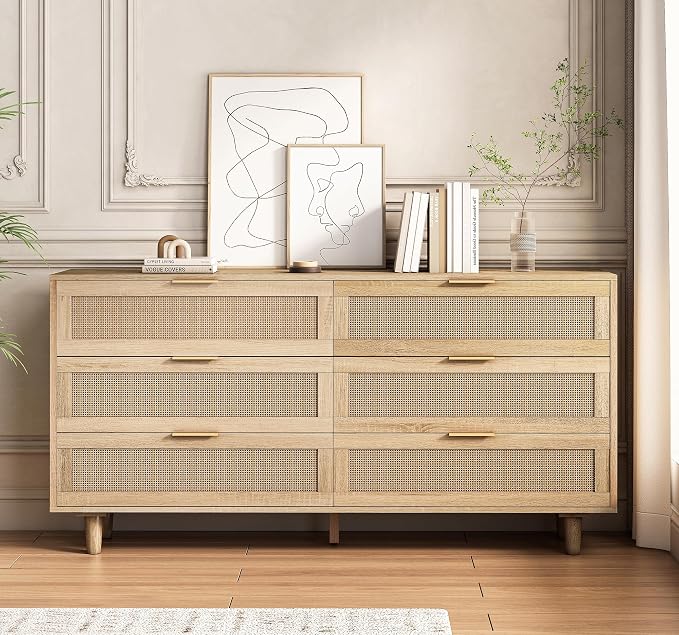 6 Drawer Double Dresser for Bedroom, Natural Rattan Modern Drawer Chest by Fsbecl