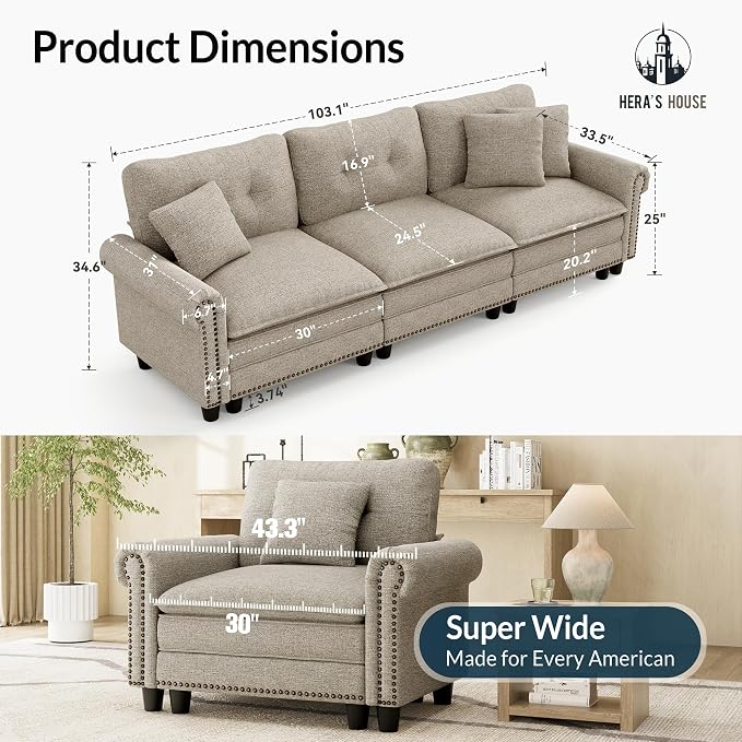 HERA'S HOUSE 116.11" Mid-Century Modern Couch, Oversized Sectional Couch - Image 9