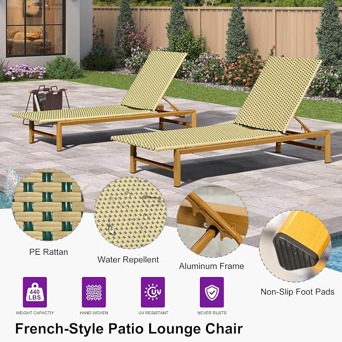 PURPLE LEAF Patio Chaise Lounge French Outdoor Lounger 1 Piece Wood-Grain - Image 2