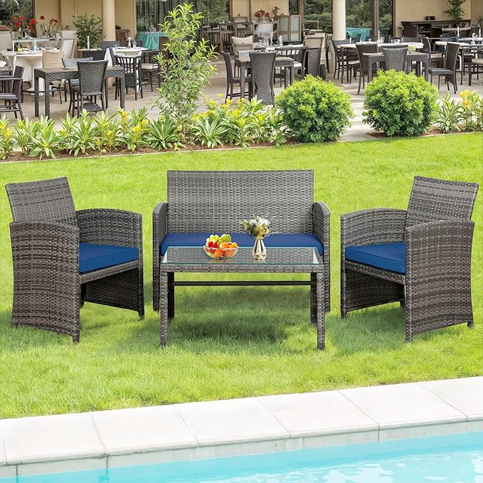 SUNLEI 4 Pcs Patio Ratten Set, Outdoor Furniture Set Wicker Conversation Set by SUNLEI