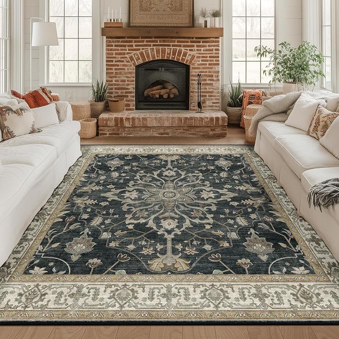 RELEANY Area Rugs Square 8ft Washable Non-Slip, Floral Vintage Distress Print by RELEANY
