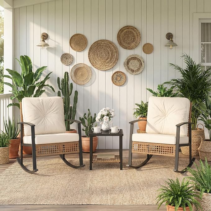 COSIEST 3-Piece Outdoor Rocking Chairs Bistro Set, Rattan Patio Furniture by COSIEST