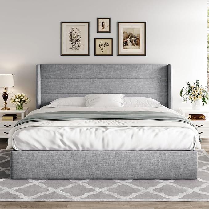 Allewie King Size Lift Up Storage Bed, Modern Wingback Headboard, Hydraulic - Image 7