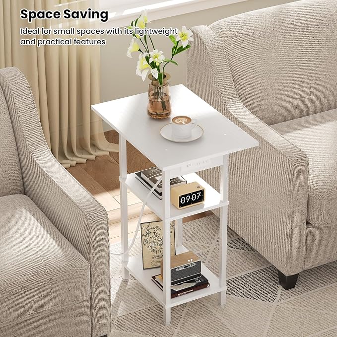 Asgolion Tall Side Table with Charging Station, Skinny End Table Nightstand - Image 4