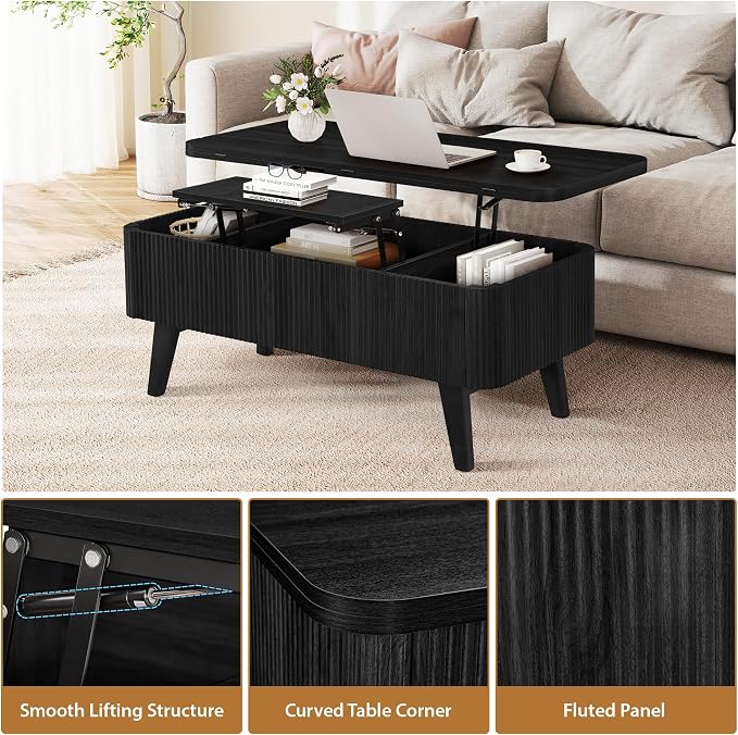 Fluted Lift Top Coffee Table, 3 in 1 Convertible Coffee Tables Converts to - Image 6