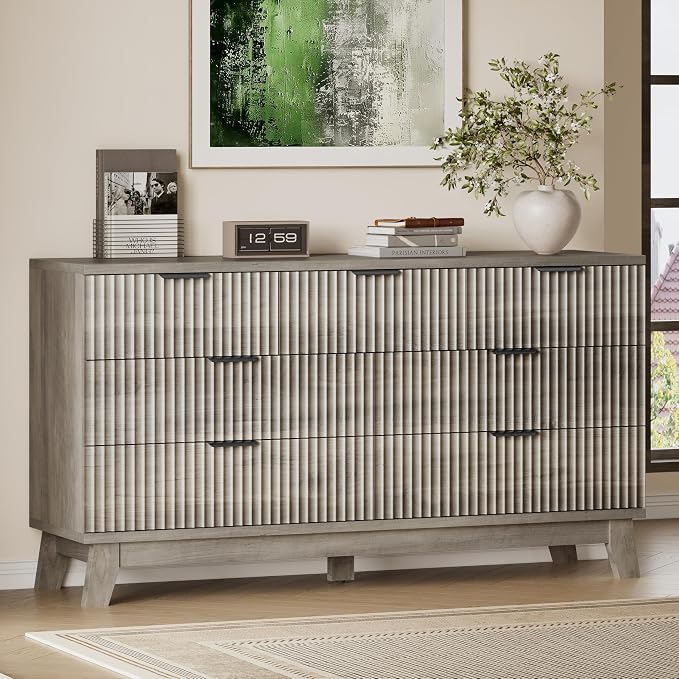 BORNOON 57" Long Dresser for Bedroom, 7-Drawer Fluted Chest, Wide Wood Storage by BORNOON